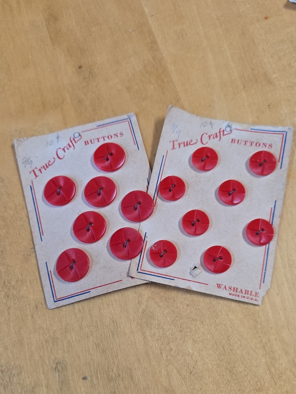 1940s-50s True Craft Red Sewing Button Carded Sets - Two Cards